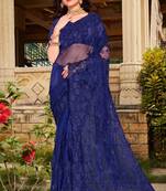 Navy Blue Resham Stone Moti Embroidery Net Saree