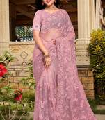 Dusty Pink Resham Stone Moti Embroidery Net Saree
