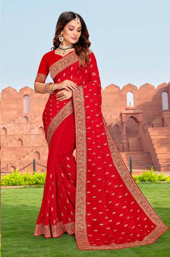 Red Zari Embroidery Stone Work Georgette Saree