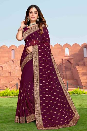 Purple Zari Embroidery Border Work Georgette Saree