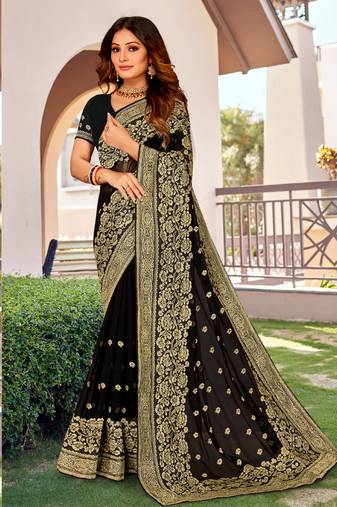 Black Zari Embroidery Border Work Georgette Saree
