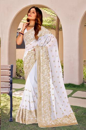 White Zari Embroidery Border Work Georgette Saree