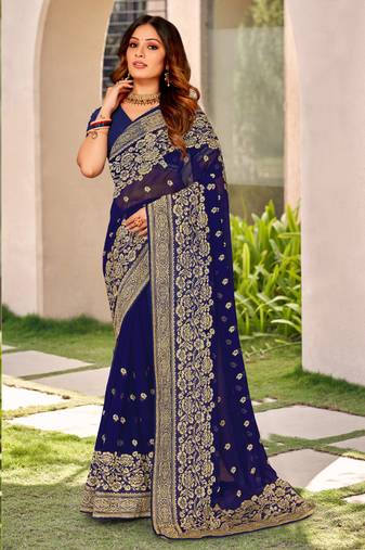 Navy Blue Zari Embroidery Border Work Georgette Saree