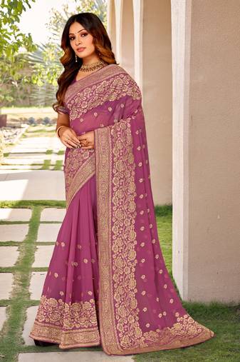 Dusty Pink Zari Embroidery Border Work Georgette Saree