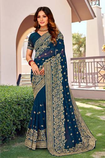 Teal Blue Zari Embroidery Border Work Georgette Saree