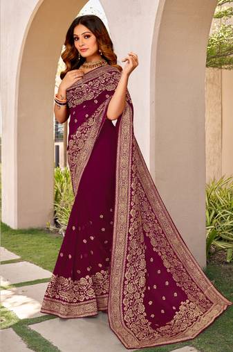 Purple Zari Embroidery Border Work Georgette Saree