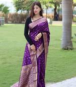 Silk Blend Saree With Copper And Golden Zari Weaved Border And Rich Pallu 
