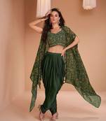 Dark green satin silk full stitched crop top, dhoti & shrug set