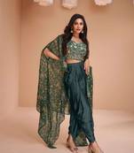 Sea green satin silk full stitched crop top, dhoti & shrug set