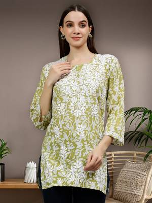 hand embroidered mehendi green cotton lucknowi chikankari top 1