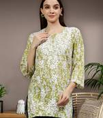 hand embroidered mehendi green cotton lucknowi chikankari top