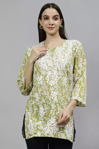hand embroidered mehendi green cotton lucknowi chikankari top