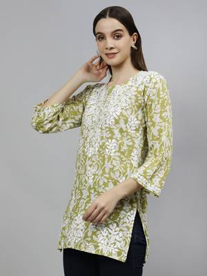 hand embroidered mehendi green cotton lucknowi chikankari top 3