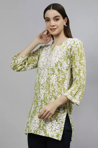 hand embroidered mehendi green cotton lucknowi chikankari top