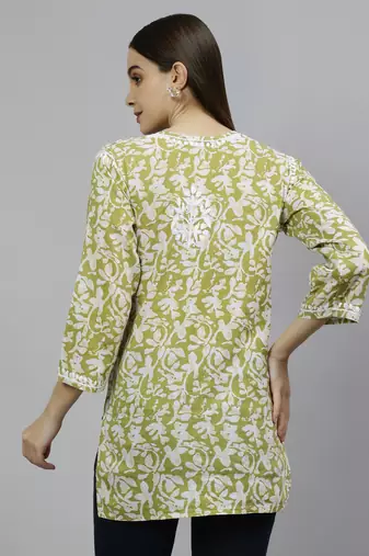 hand embroidered mehendi green cotton lucknowi chikankari top