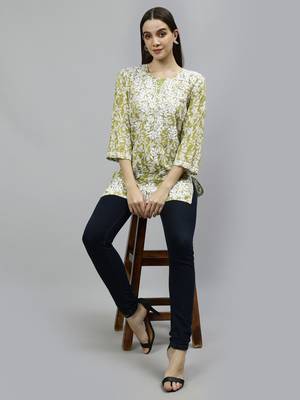 hand embroidered mehendi green cotton lucknowi chikankari top 5
