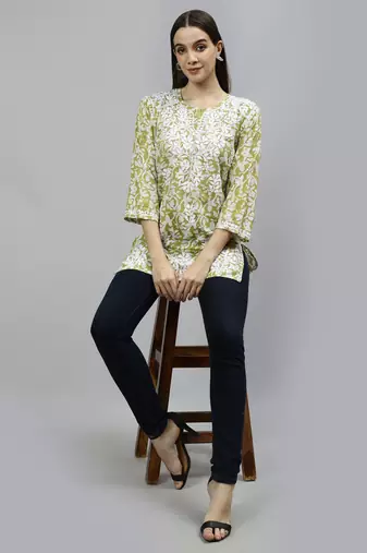 hand embroidered mehendi green cotton lucknowi chikankari top