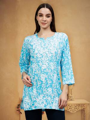 hand embroidered blue cotton lucknowi chikankari top 1