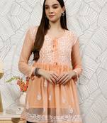 hand embroidered light apricot peach cotton lucknowi chikankari top with slip