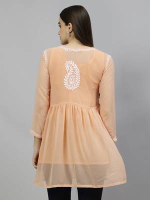 hand embroidered light apricot peach cotton lucknowi chikankari top with slip 2