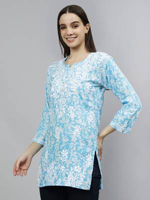 hand embroidered blue cotton lucknowi chikankari top 3