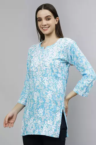 hand embroidered blue cotton lucknowi chikankari top