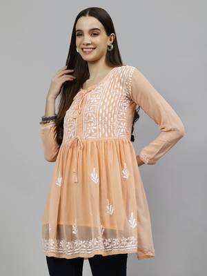 hand embroidered light apricot peach cotton lucknowi chikankari top with slip 3