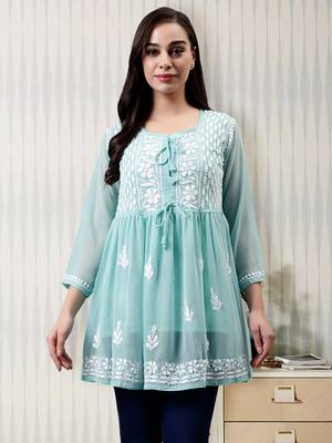 hand embroidered light sea green cotton lucknowi chikankari top with slip 1