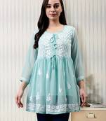 hand embroidered light sea green cotton lucknowi chikankari top with slip