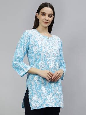 hand embroidered blue cotton lucknowi chikankari top 4