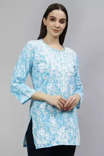 hand embroidered blue cotton lucknowi chikankari top