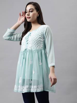 hand embroidered light sea green cotton lucknowi chikankari top with slip 2