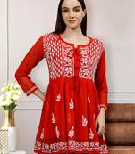 hand embroidered red cotton lucknowi chikankari top with slip
