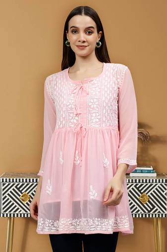 hand embroidered pink cotton lucknowi chikankari top with slip
