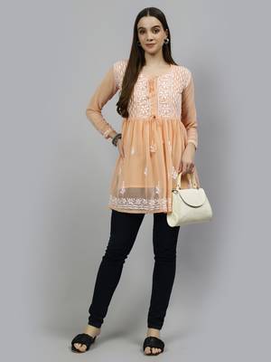 hand embroidered light apricot peach cotton lucknowi chikankari top with slip 5