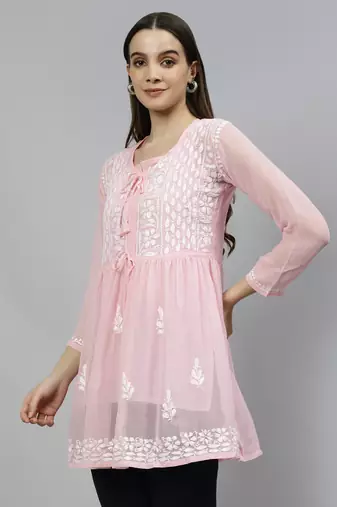hand embroidered pink cotton lucknowi chikankari top with slip