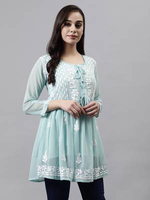hand embroidered light sea green cotton lucknowi chikankari top with slip 3