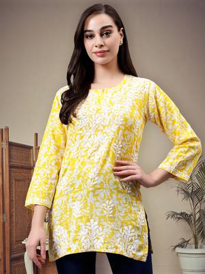 hand embroidered yellow cotton lucknowi chikankari top 1