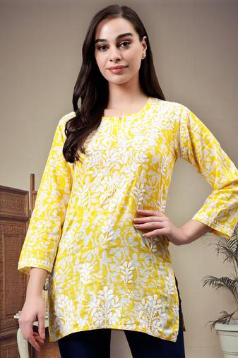hand embroidered yellow cotton lucknowi chikankari top