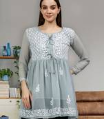 hand embroidered grey cotton lucknowi chikankari top with slip