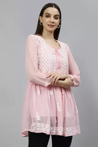 hand embroidered pink cotton lucknowi chikankari top with slip