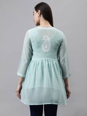 hand embroidered light sea green cotton lucknowi chikankari top with slip 4
