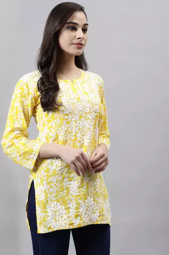 hand embroidered yellow cotton lucknowi chikankari top