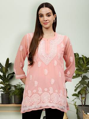 hand embroidered peach georgette lucknowi chikankari top with slip 1