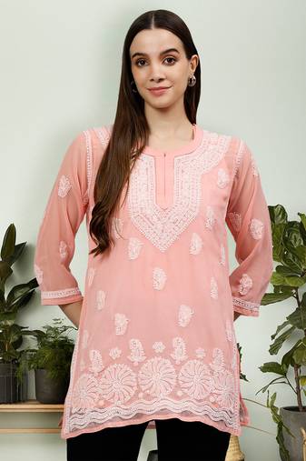 hand embroidered peach georgette lucknowi chikankari top with slip