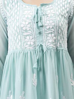 hand embroidered light sea green cotton lucknowi chikankari top with slip 5