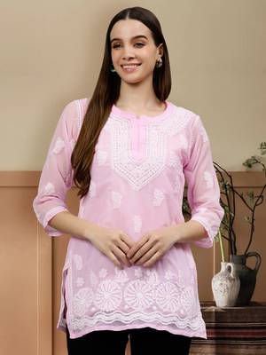 hand embroidered pink georgette lucknowi chikankari top with slip 1