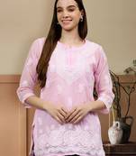 hand embroidered pink georgette lucknowi chikankari top with slip