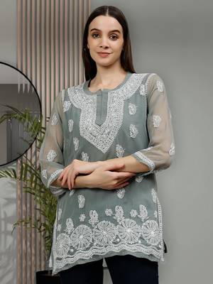 hand embroidered grey georgette lucknowi chikankari top with slip 1