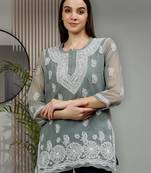 hand embroidered grey georgette lucknowi chikankari top with slip